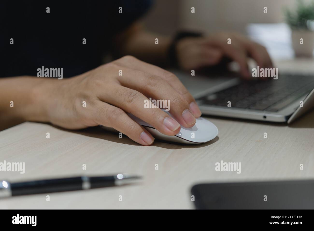 Hand using mouse computer close up on table. Digital technology Stock ...