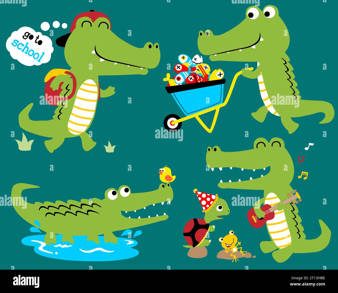Vector set of funny crocodiles cartoon in different action with friends Stock Vector