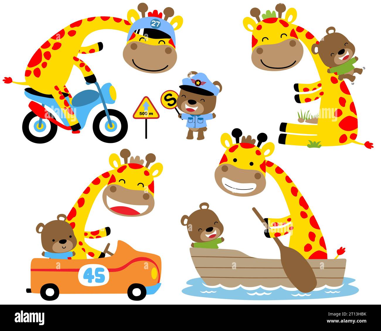 Vector set of giraffe cartoon in different activities with little bear ...