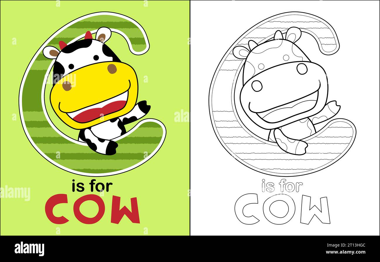 Vector illustration of coloring book with cow cartoon in C alphabet ...