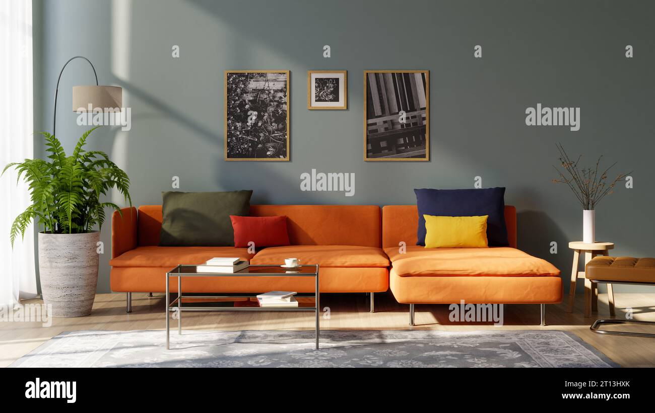 Living room interior with orange color sofa with gray wall, 3d ...