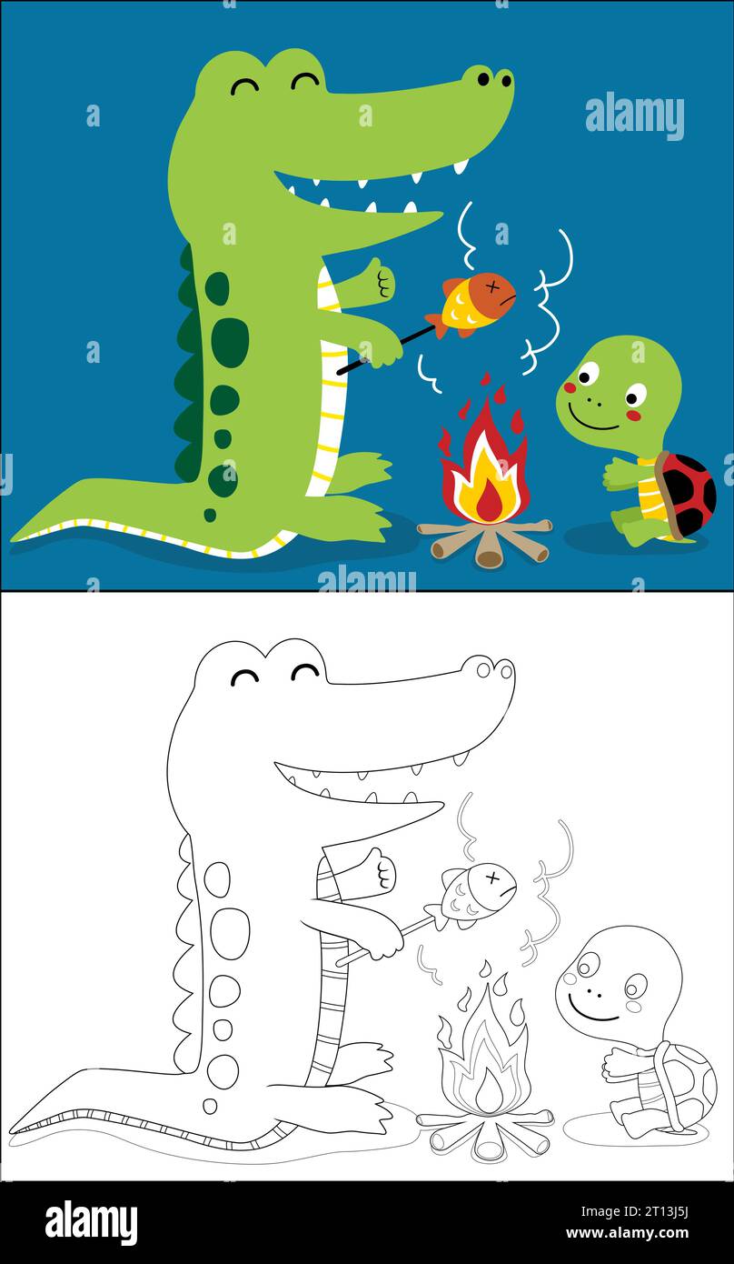 Vector illustration of coloring book with crocodile cartoon and little turtle grilling fish on bonfire Stock Vector