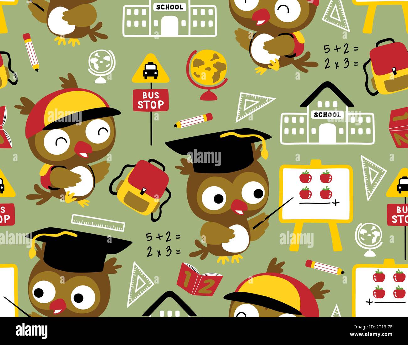Seamless pattern vector of funny owl cartoon, school elements Stock Vector
