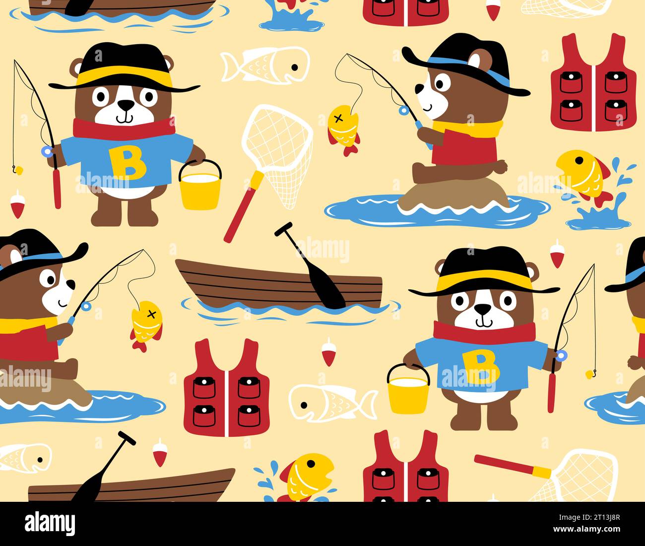 Seamless pattern vector of funny bear cartoon catch fish, angler elements Stock Vector