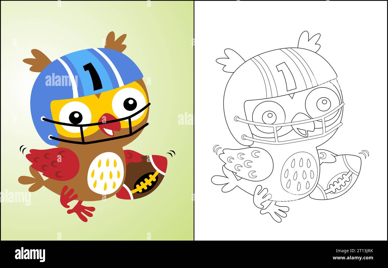 Coloring book or page with owl cartoon playing rugby Stock Vector