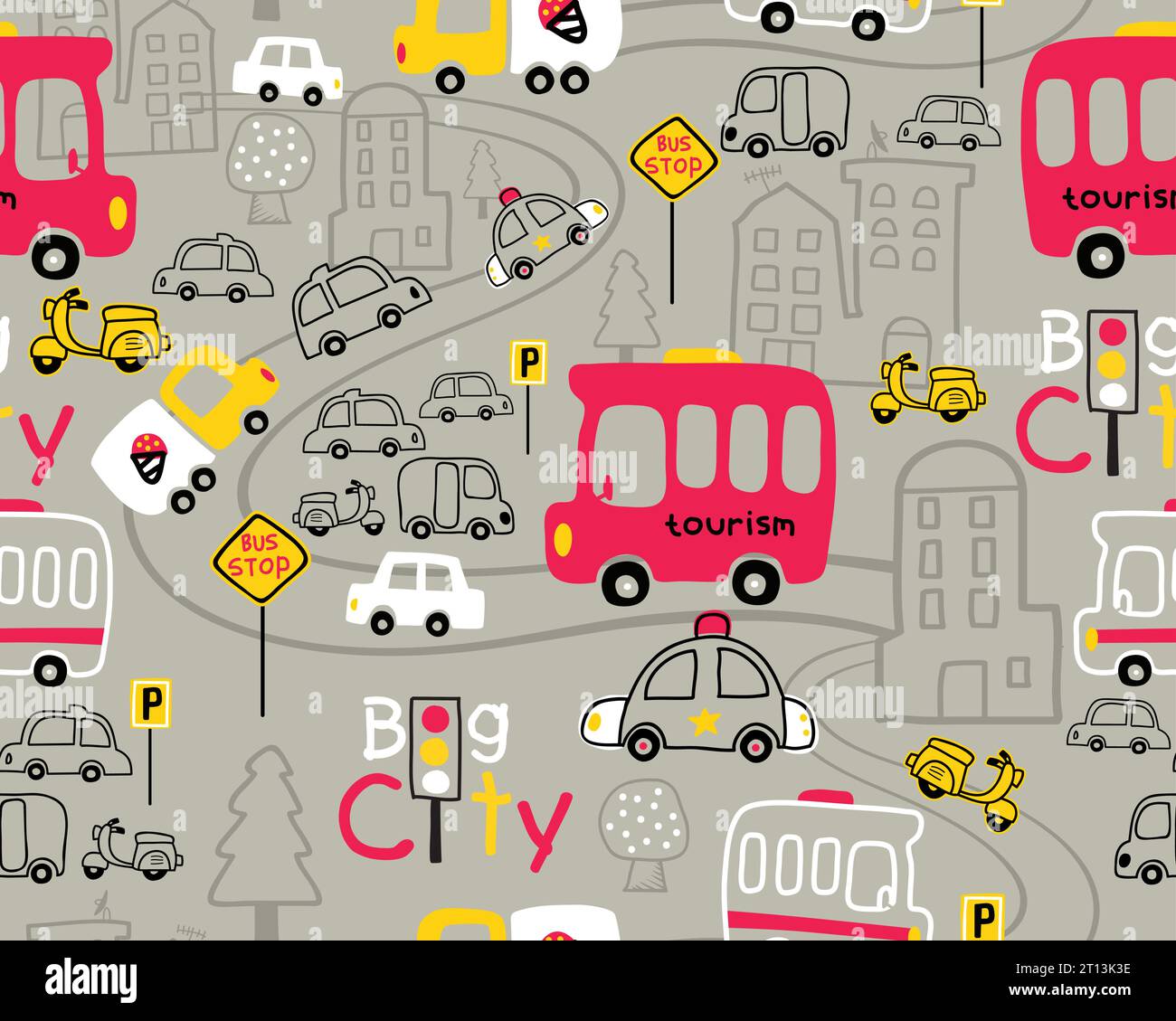 Seamless pattern vector with vehicles cartoon in city road Stock Vector