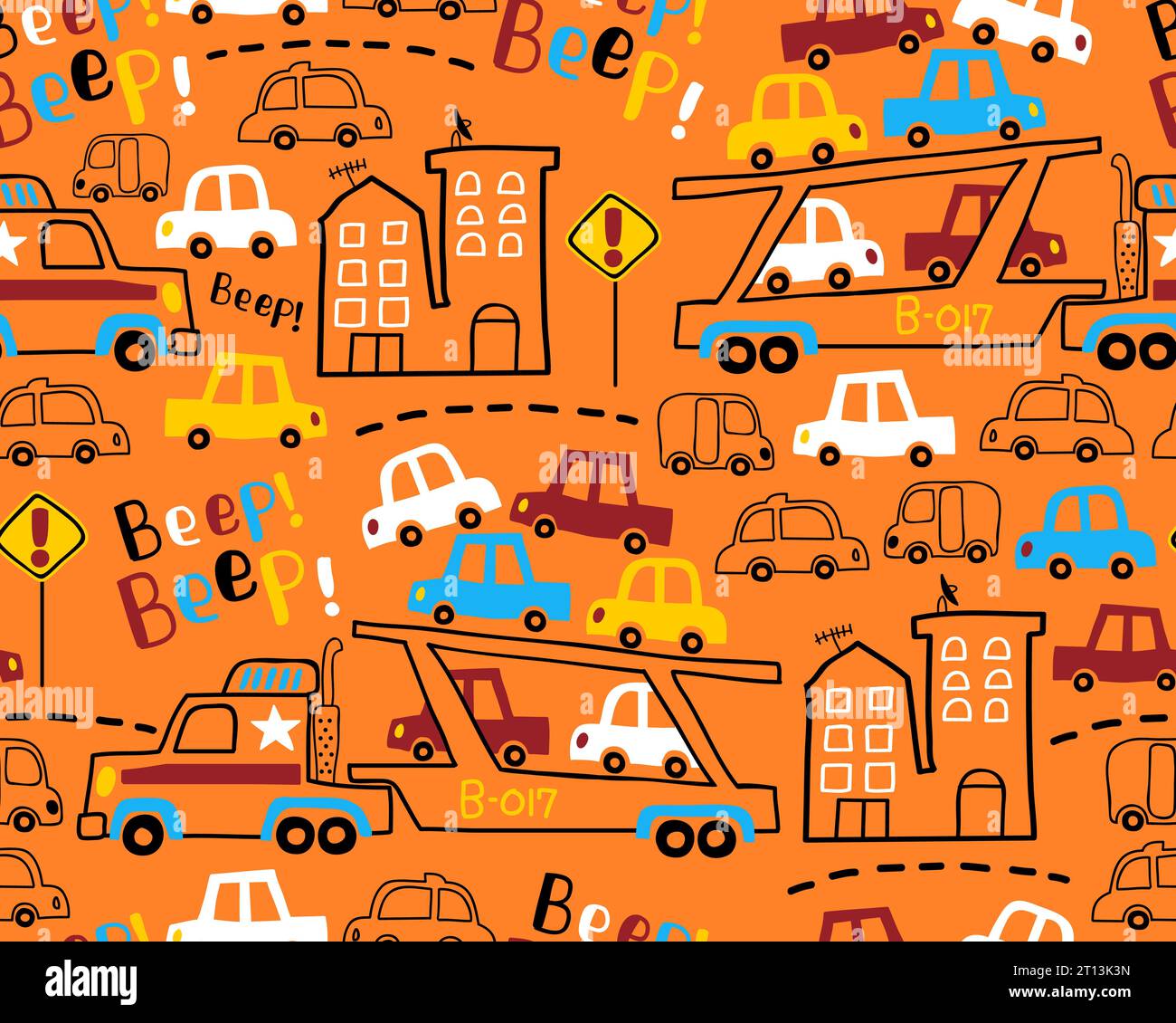 Seamless pattern vector of truck cars carrier cartoon, buildings, traffic signs Stock Vector