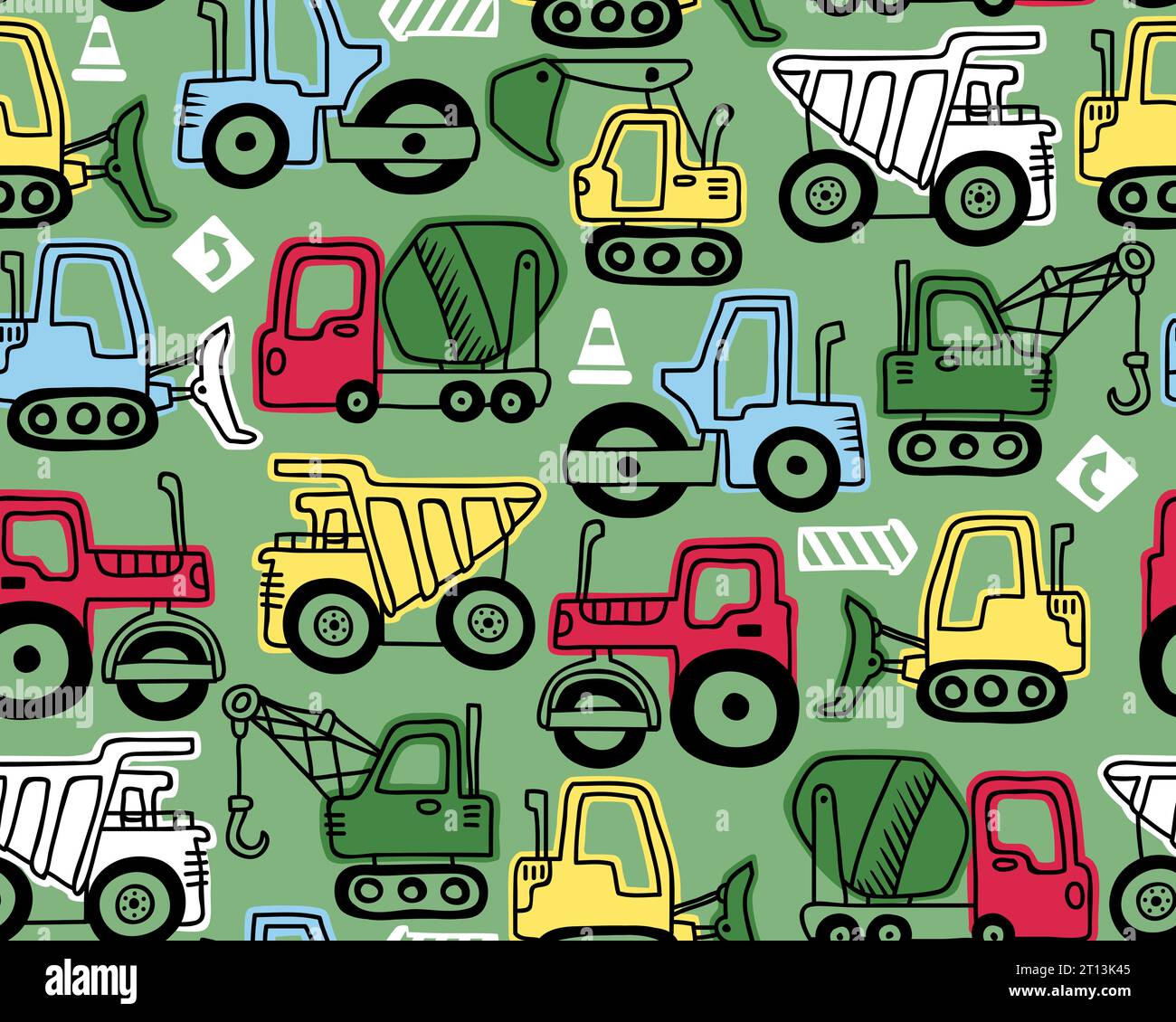 Seamless pattern vector of construction vehicles cartoon in hand drawn concept Stock Vector