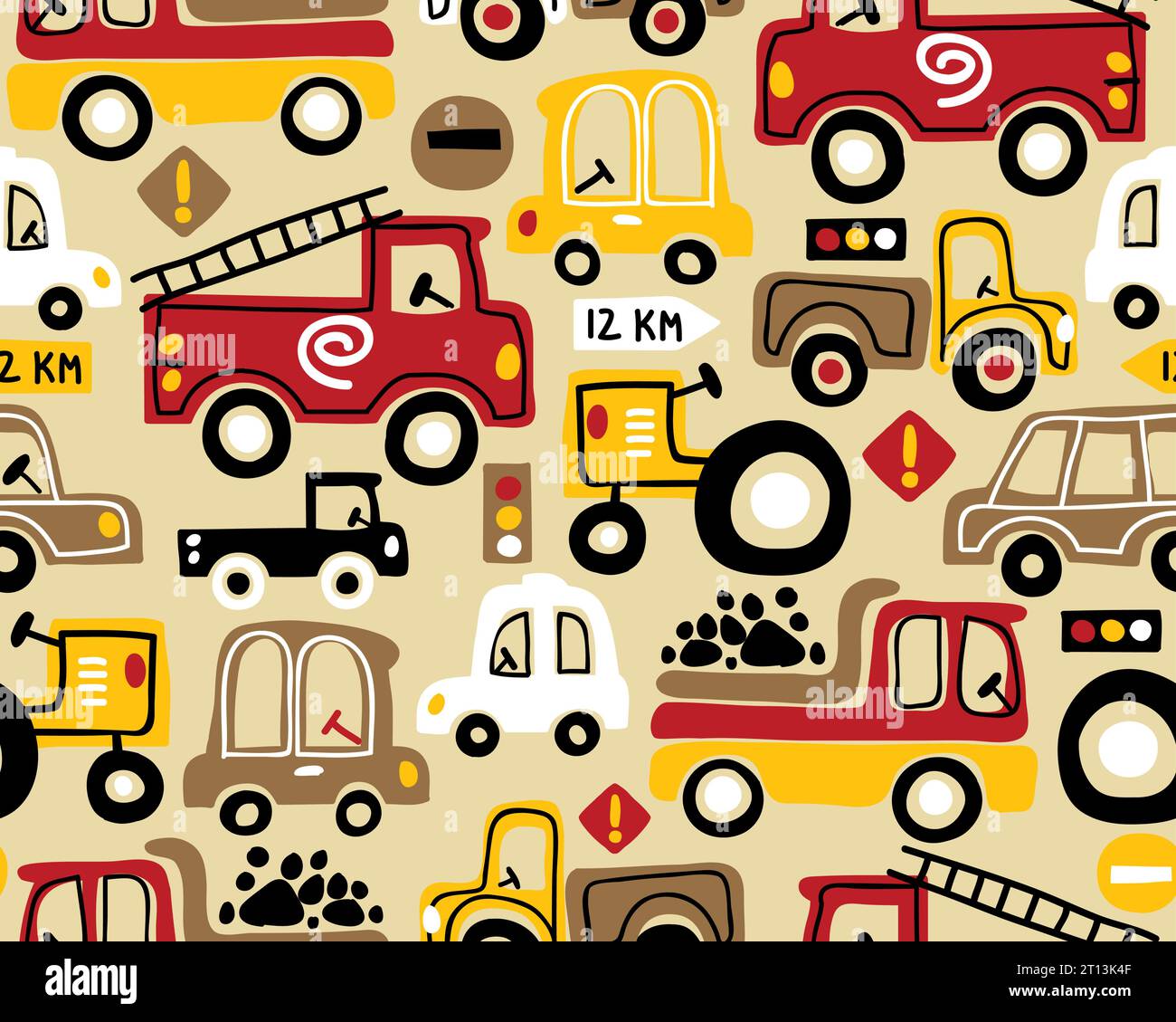 Seamless pattern vector of vehicles cartoon in hand drawn style Stock Vector