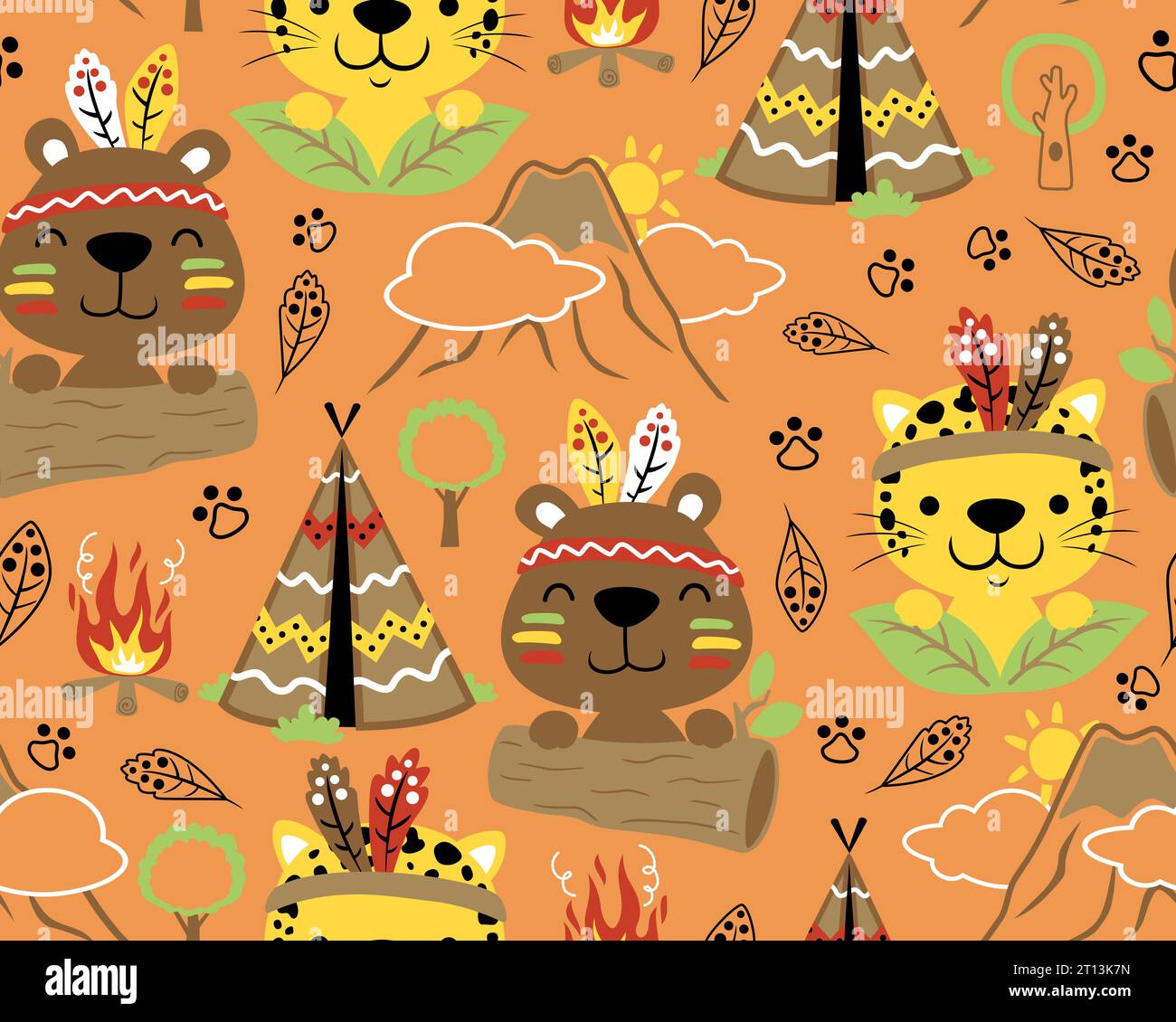 seamless pattern vector of animals Indian tribes cartoon, Indian tribe elements Stock Vector