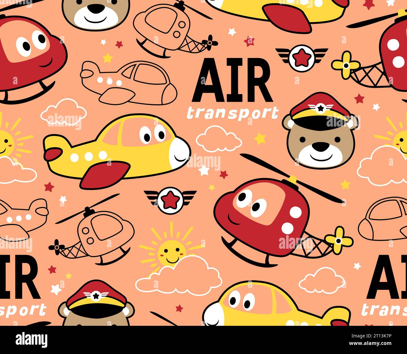 Seamless pattern vector of air transportation cartoon with funny pilot Stock Vector