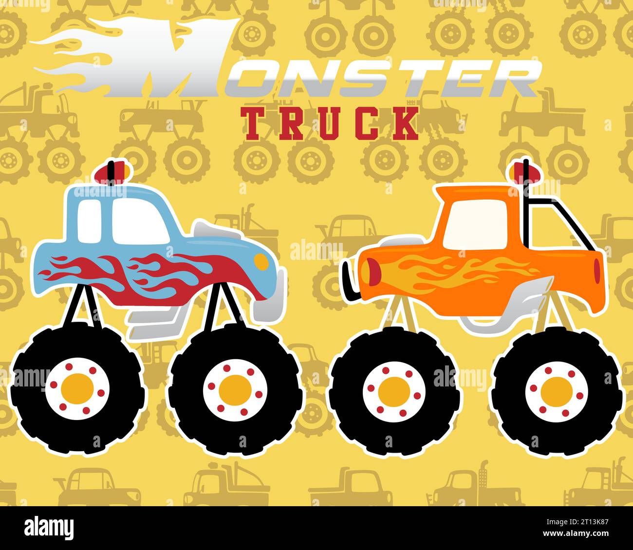 Monster truck cartoon on seamless pattern vector of monster trucks Stock Vector