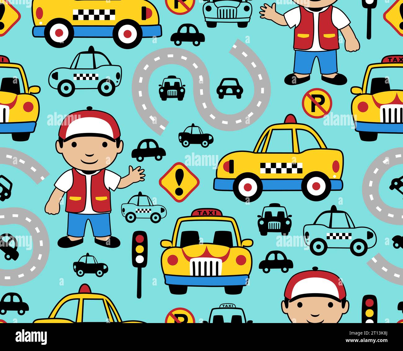 Seamless pattern vector of vehicles cartoon with funny taxi driver. Traffic elements cartoon Stock Vector