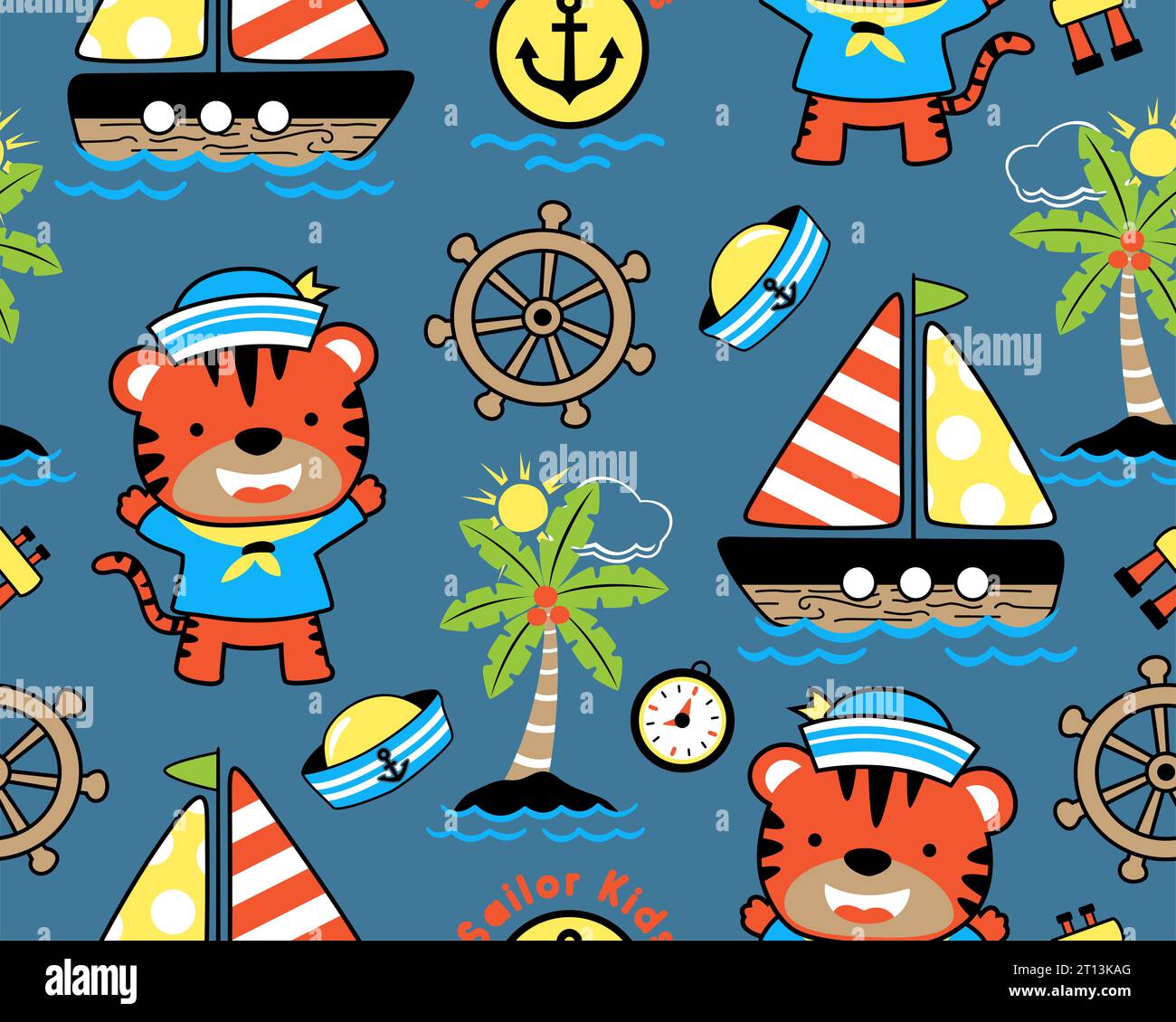Seamless pattern vector of sailing elements cartoon. Funny tiger in ...