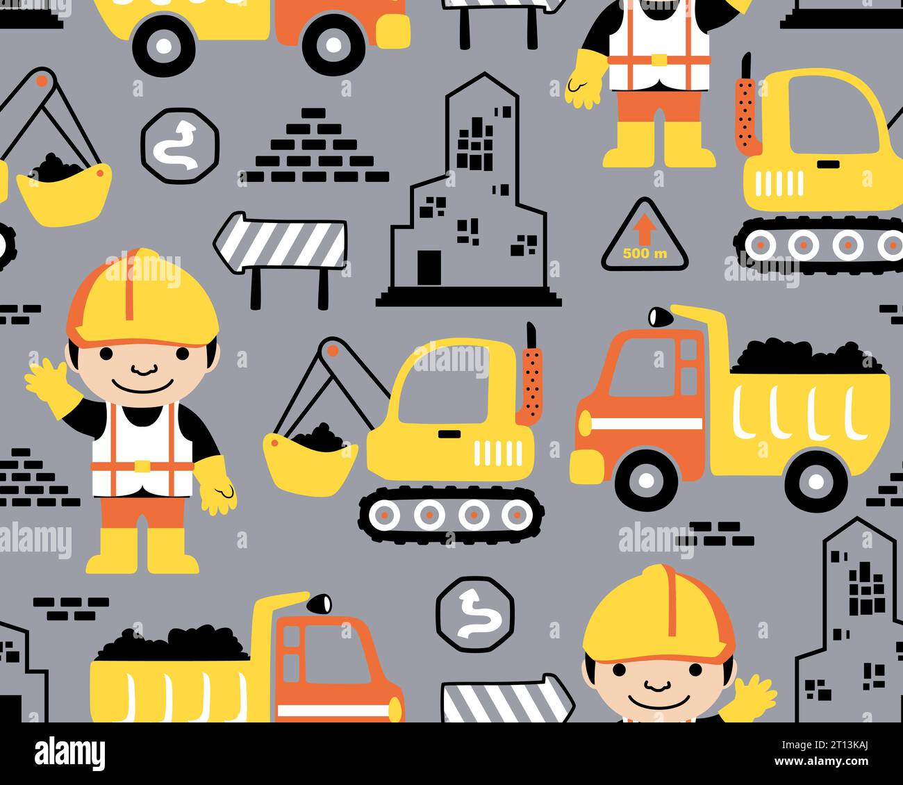 Seamless pattern vector of construction elements cartoon with smiling worker Stock Vector