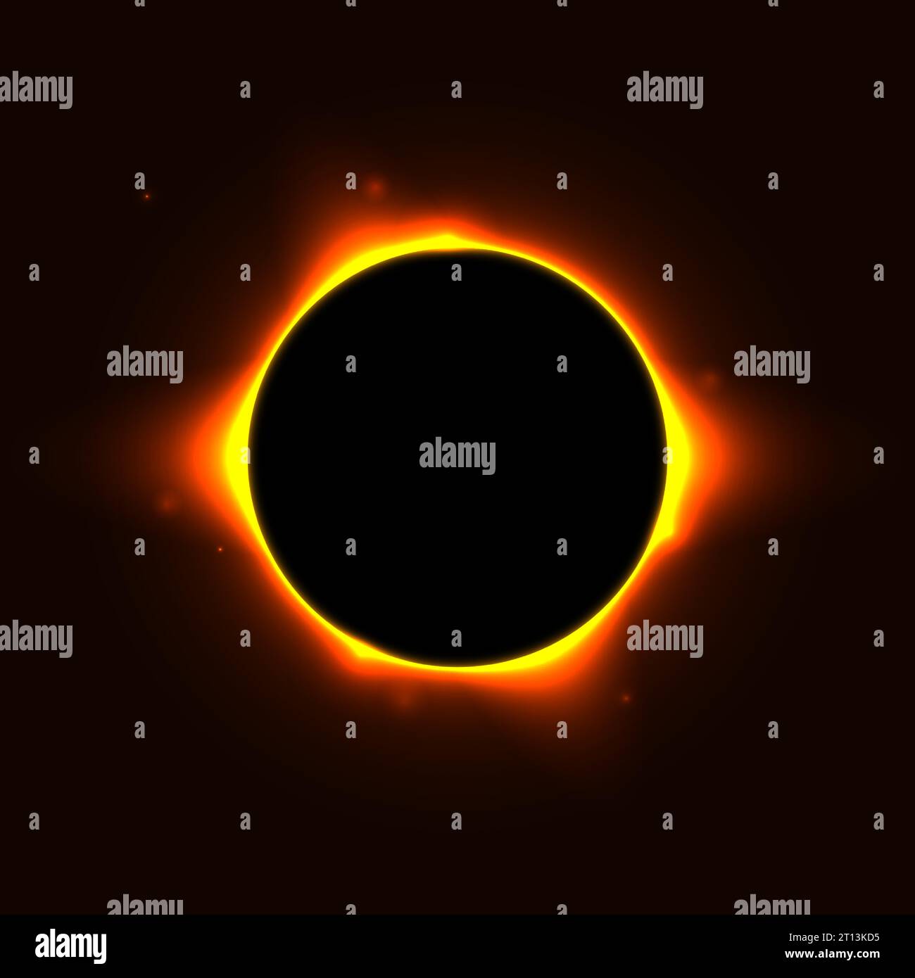 Sun full eclipse concept. Red yellow solar glow background. Moon or