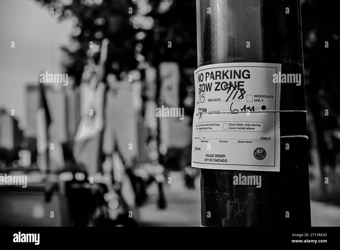 Chicago, Illinois, USA - 9.16.2023: Parking notice along a main street to control crowds during Mexico Independence day celebrations Stock Photo