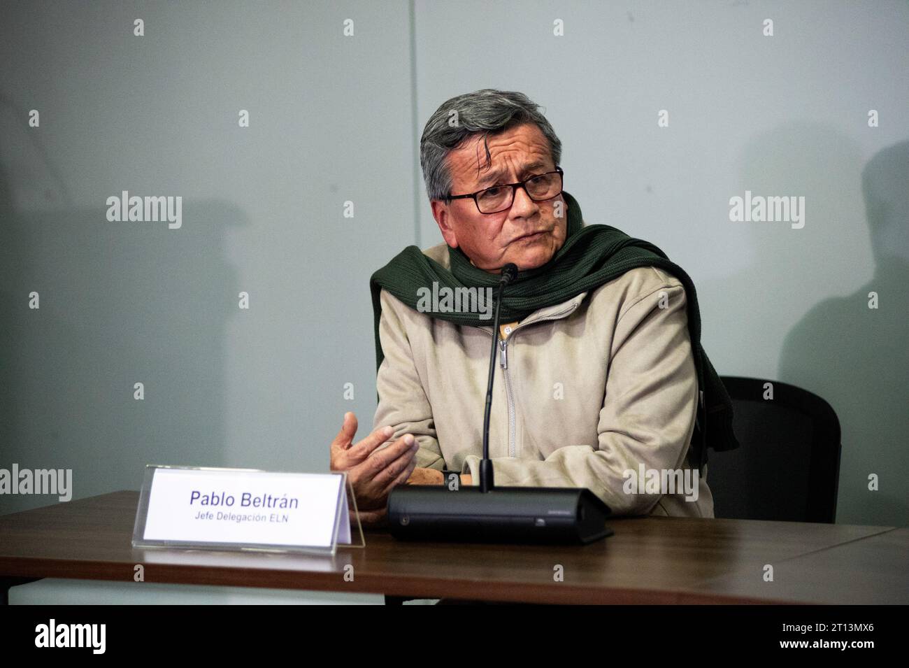 Bogota, Colombia. 10th Oct, 2023. The chief negotiator of the National Liberation Army (ELN) guerrilla group, Israel Ramirez Pineda, also known as Pablo Beltran during a joint declaration on the progress of the peace process between the Colombian government and the National Liberation Army, at the United Nations building in Bogota, Colombia, October 10, 2023. Photo by: Chepa Beltran/Long Visual Press Credit: Long Visual Press/Alamy Live News Stock Photo