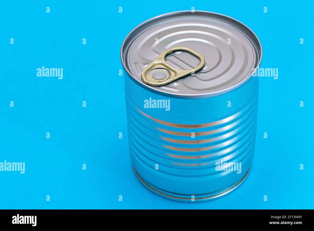 Unopened Tin Can with Blank Edge on Light Blue Background. Canned Food