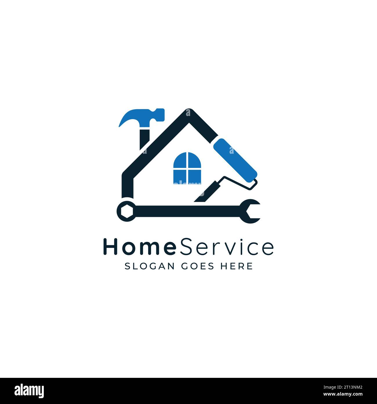 Home services logo, house maintenance and paint service logo design  - house repair and maintenance log with repairing and paint tools. Stock Vector
