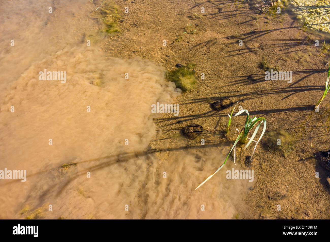 Mud raised from the bottom of a reservoir. Turbidity in the water in