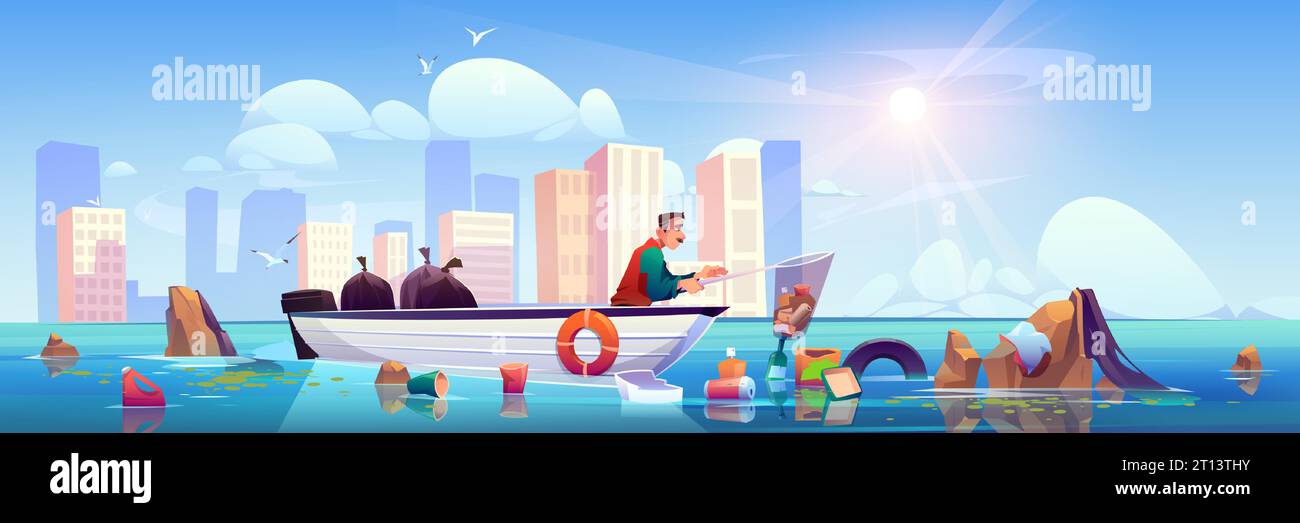Plastic garbage pollution in sea water and man on boat vector environmental illustration. Ship cleanup dirty ocean polluted with litter, rubbish. Earth in danger, save the planet with cleaning river Stock Vector