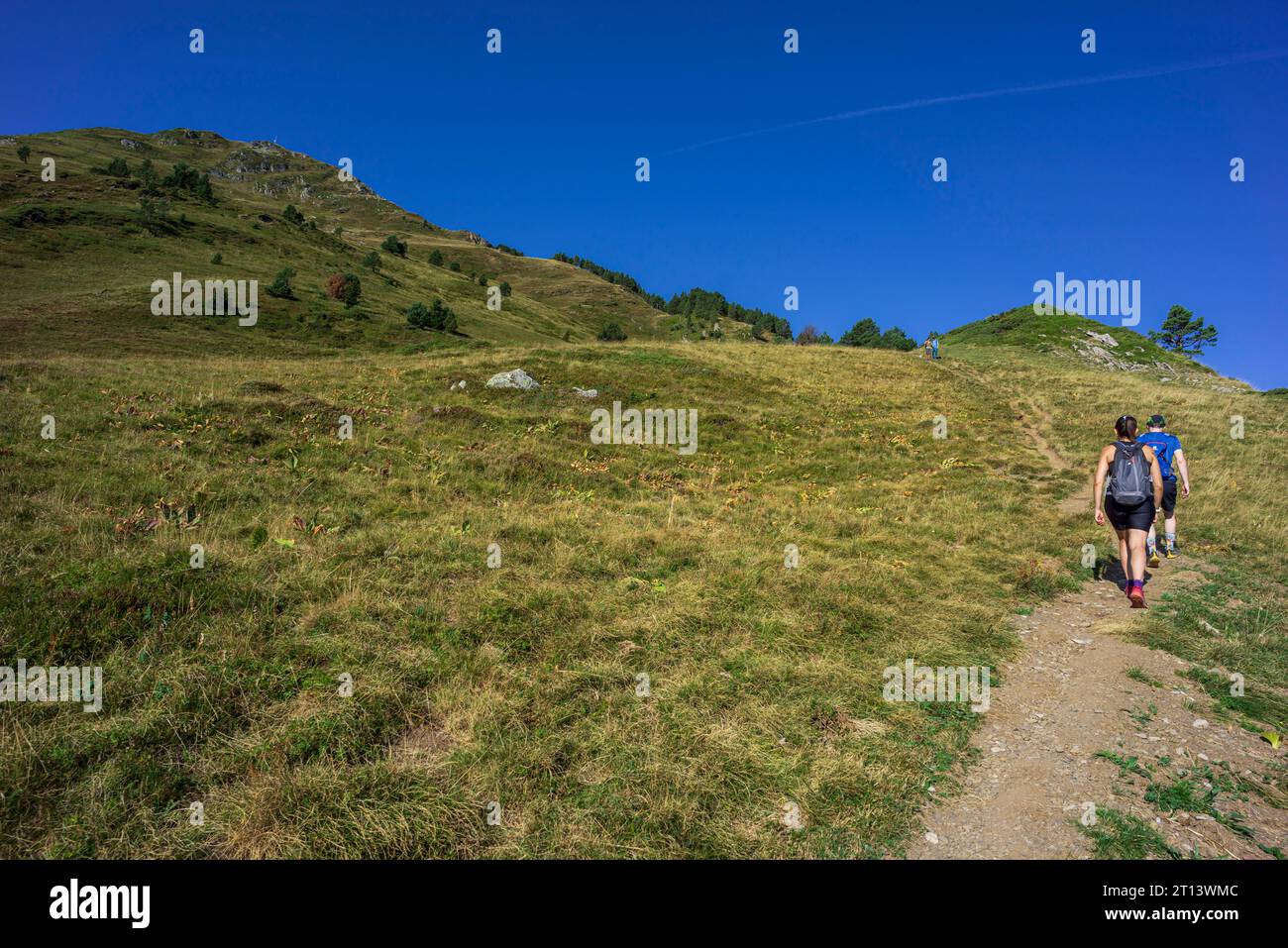 couple ascending the path, Montcorbison, Aran Valley, Lérida province, Spain Stock Photo