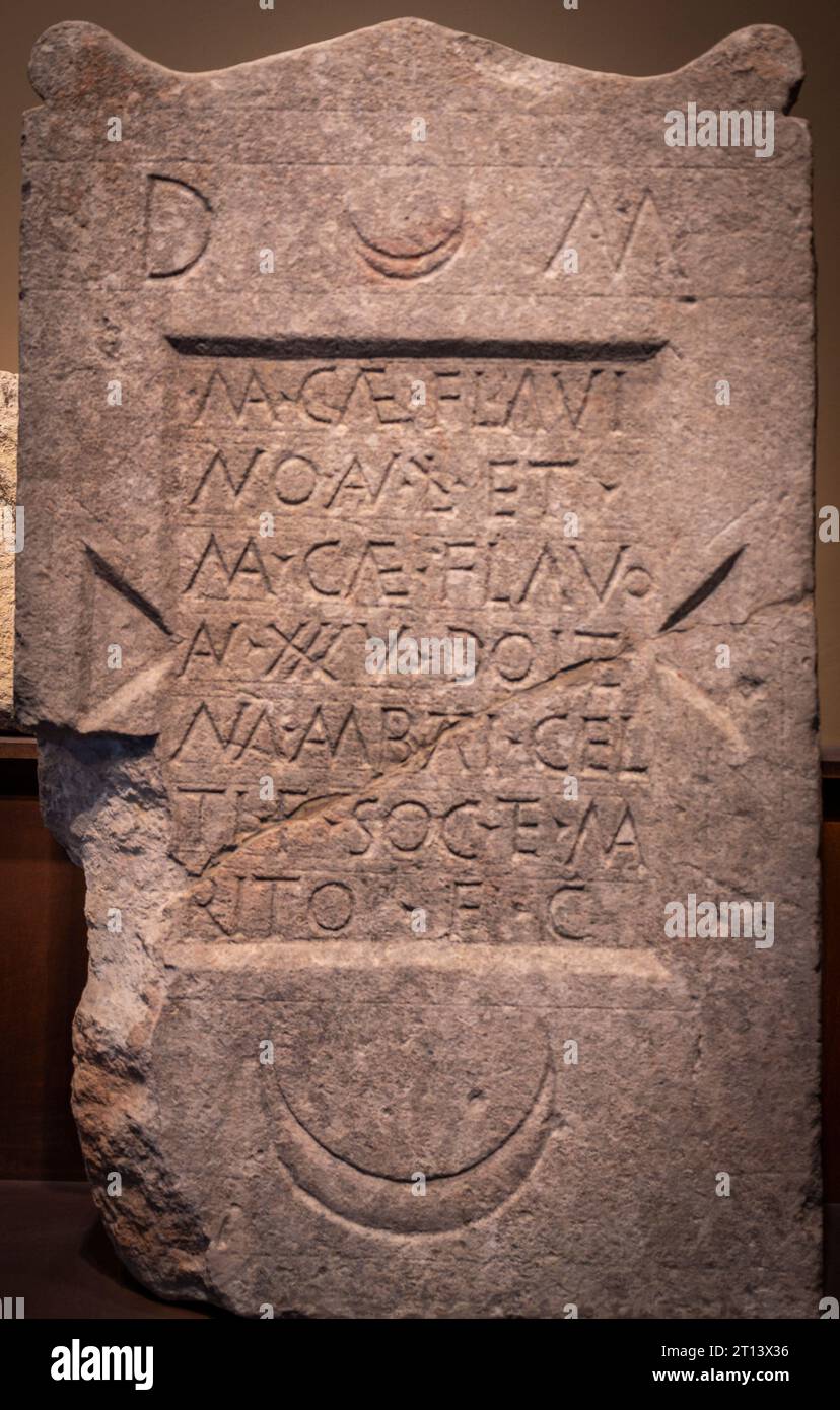 Roman stele from Eslava, unpopulated Santacris, Museum of Navarra, Pamplona, Navarra,Spain Stock Photo