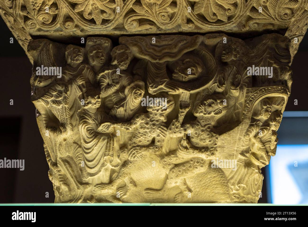 Romanesque capital with scene from the life of Job, 12th century, workshop of the master of the cloister of Pamplona cathedral, Museum of Navarra, Pam Stock Photo