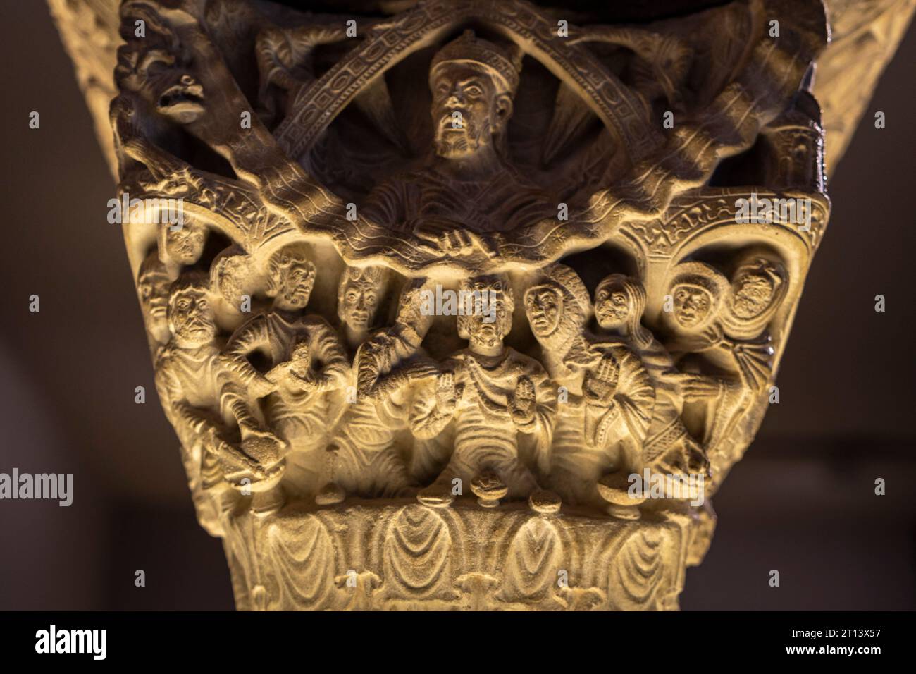 Romanesque capital with scene from the life of Job, 12th century, workshop of the master of the cloister of Pamplona cathedral, Museum of Navarra, Pam Stock Photo