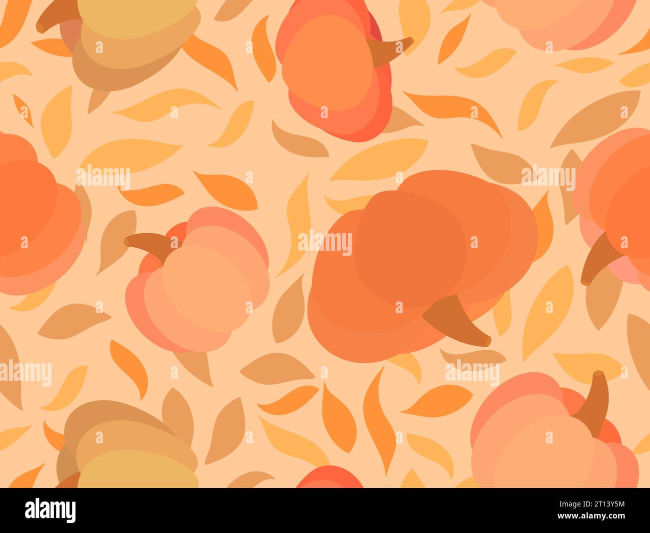 Autumn leaves and pumpkins seamless pattern. Autumn leaves are yellow, beige and orange. Leaf fall. Design for printing on fabric, paper, posters and Stock Vector