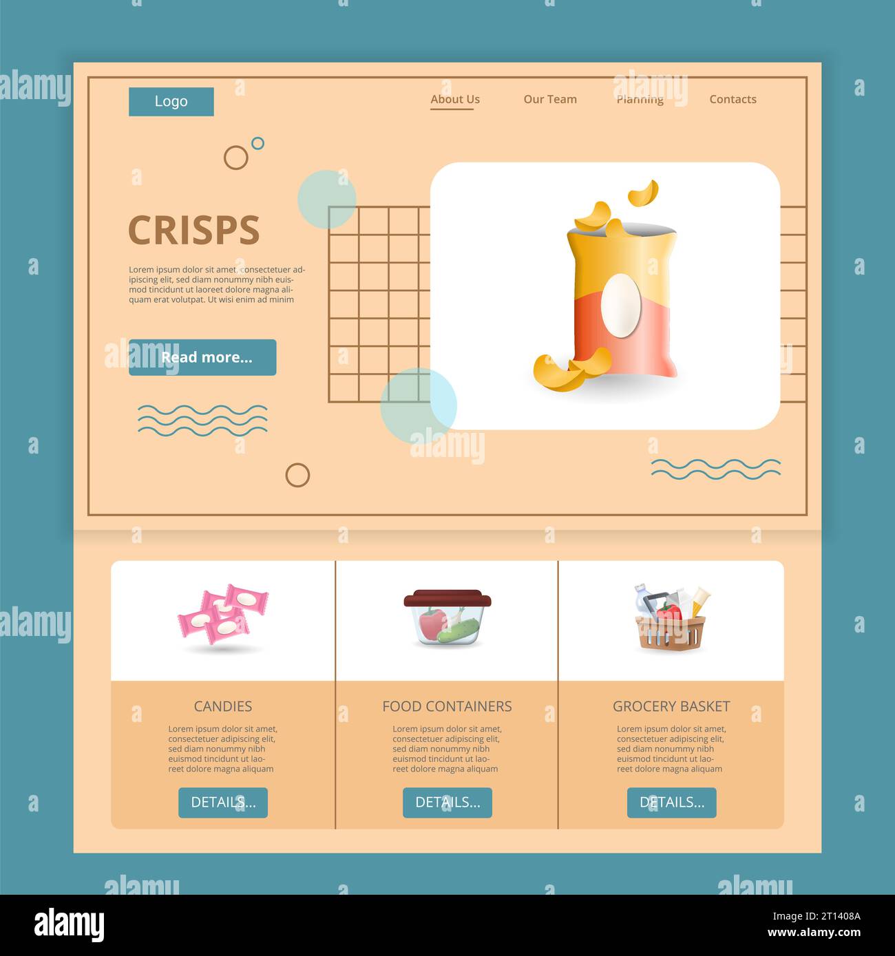 Crisps flat landing page website template. Candies, food containers, grocery basket. Web banner with header, content and footer. Vector illustration. Stock Vector