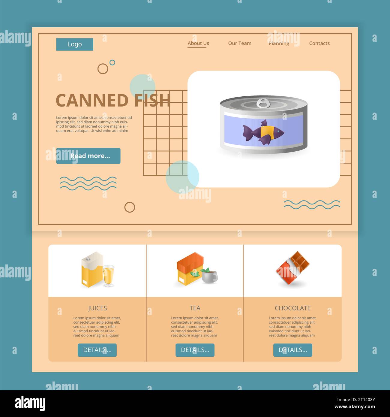 Canned fish flat landing page website template. Juices, tea, chocolate ...