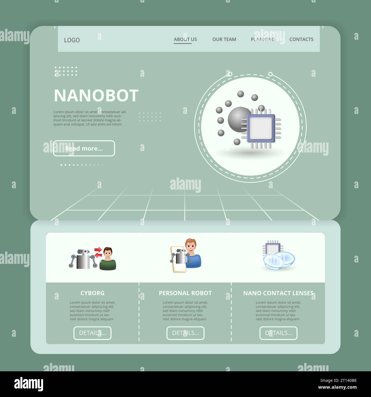 Nanorobot flat landing page website template. Cyborg, personal robot, nano contact lenses. Web banner with header, content and footer. Vector Stock Vector
