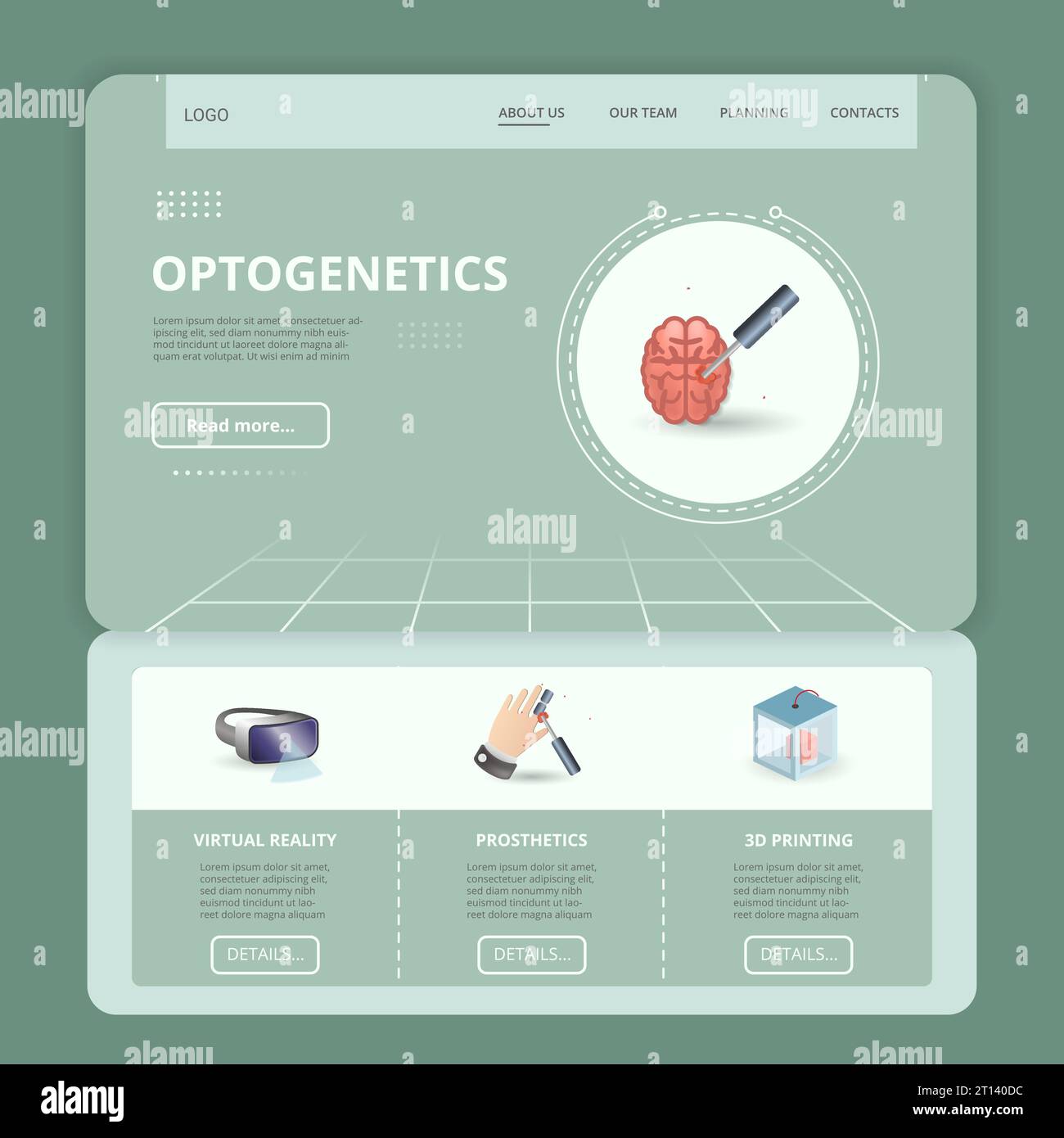 Optogenetics flat landing page website template. Virtual reality, prosthetics, 3d printing. Web banner with header, content and footer. Vector Stock Vector