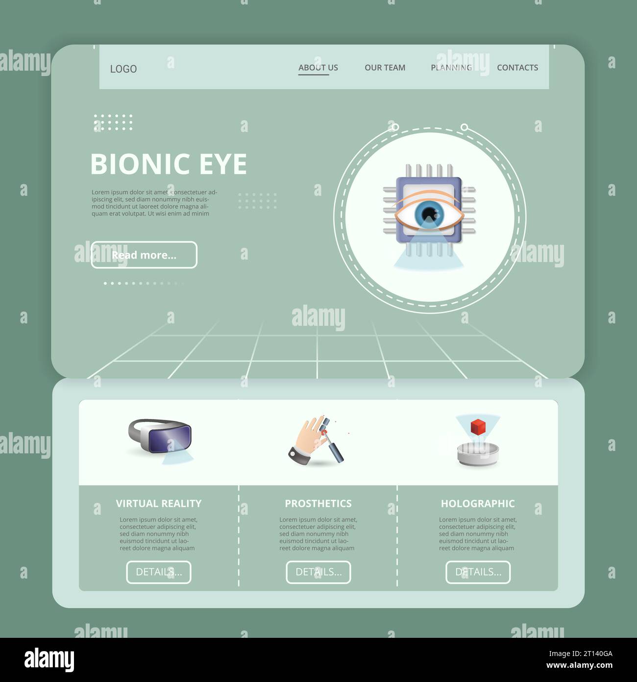 Bionic eye flat landing page website template. Virtual reality, prosthetics, holographic. Web banner with header, content and footer. Vector Stock Vector
