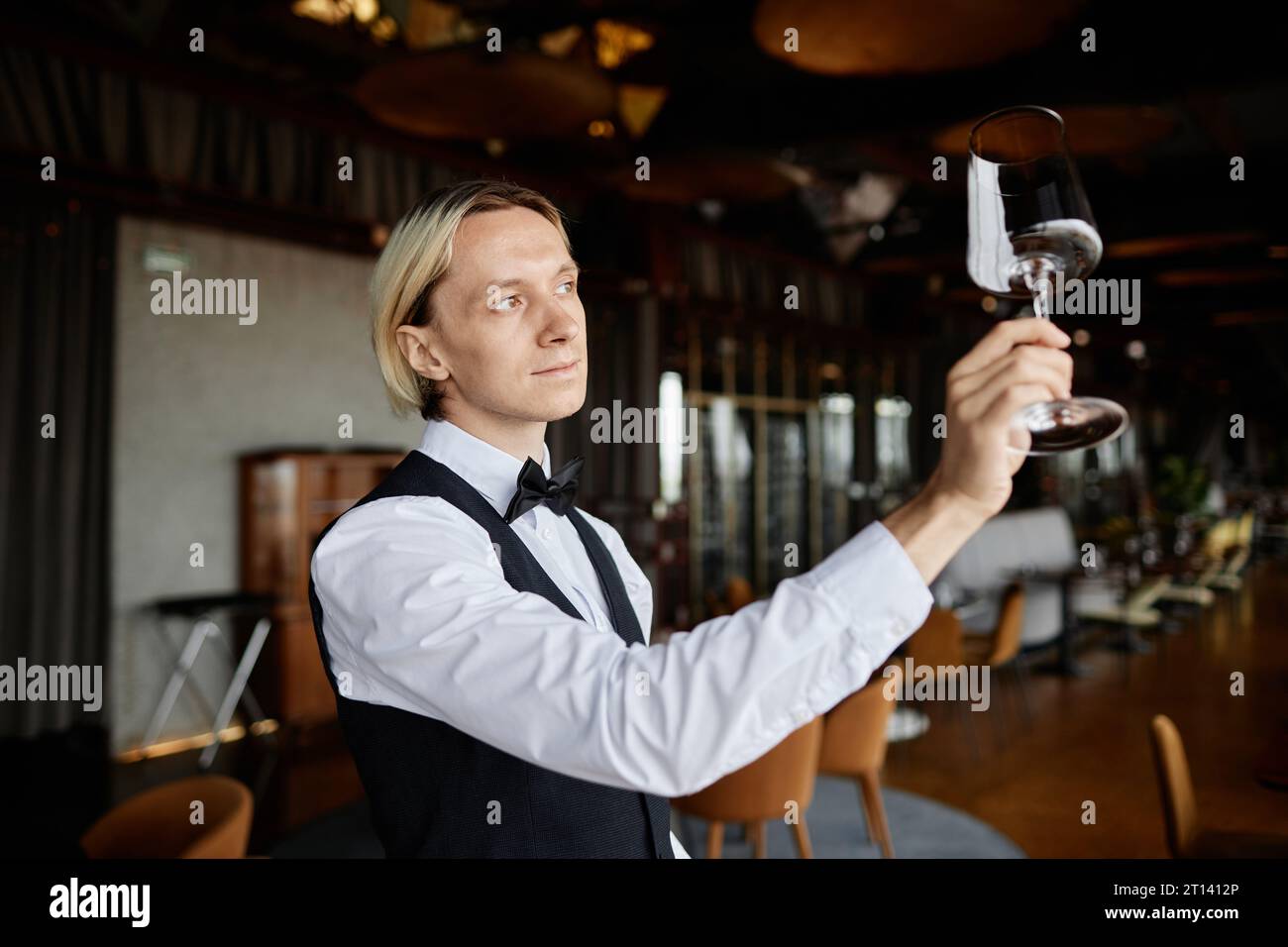 Front View On Wineglass Standing On Bar And Bartender Holding
