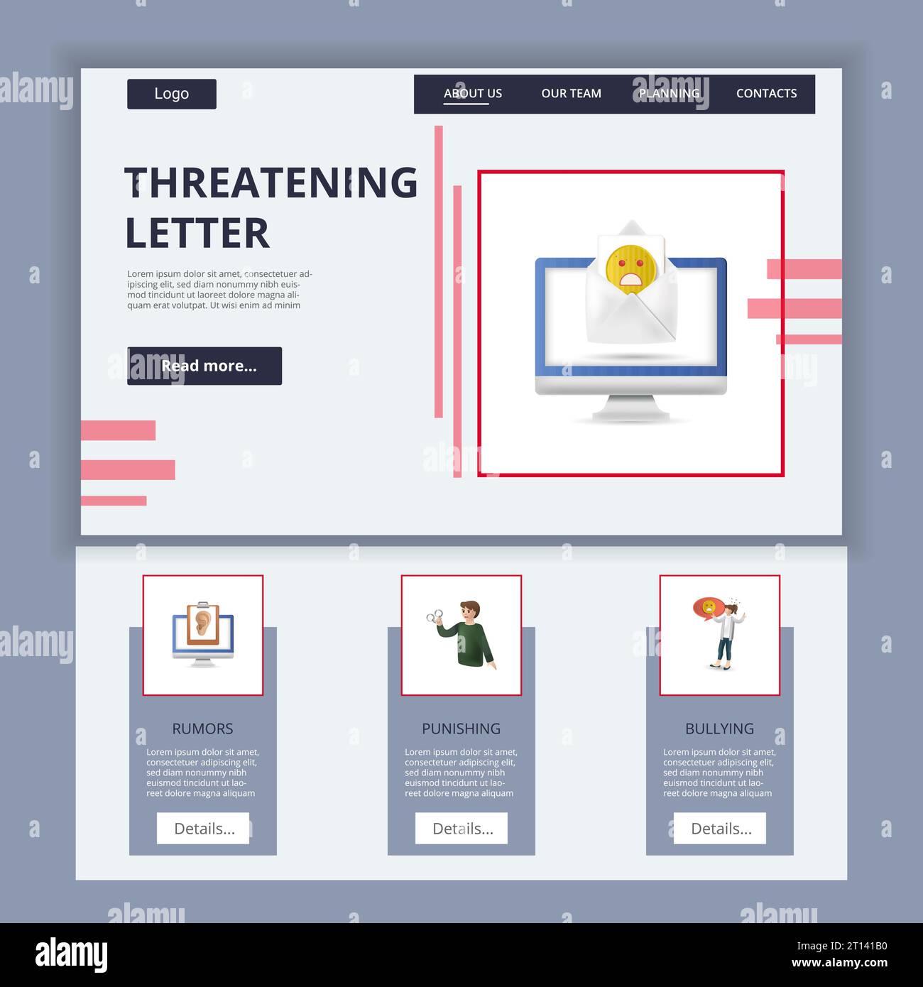 Threatening letter flat landing page website template. Rumors, punishing, bullying. Web banner with header, content and footer. Vector illustration. Stock Vector
