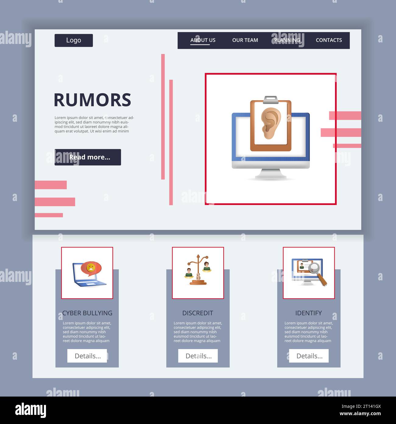 Rumors flat landing page website template. Cyber bullying, discredit, identify. Web banner with header, content and footer. Vector illustration. Stock Vector