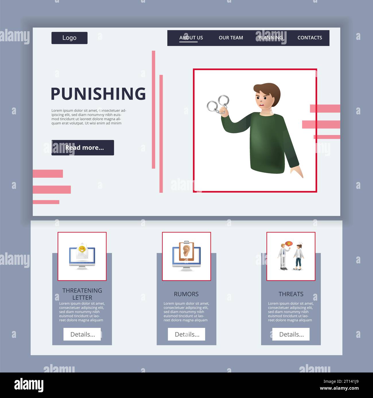 Punishing flat landing page website template. Threatening letter, rumors, threats. Web banner with header, content and footer. Vector illustration. Stock Vector