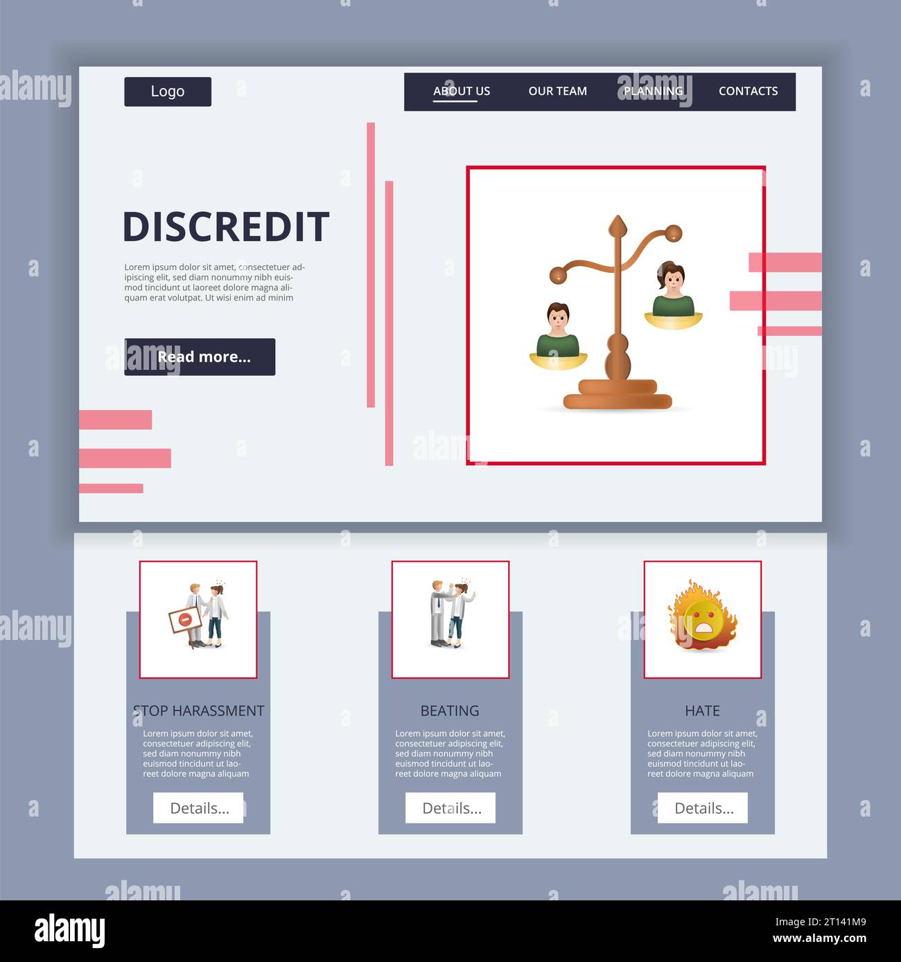 Discredit flat landing page website template. Stop harassment, beating, hate. Web banner with header, content and footer. Vector illustration. Stock Vector