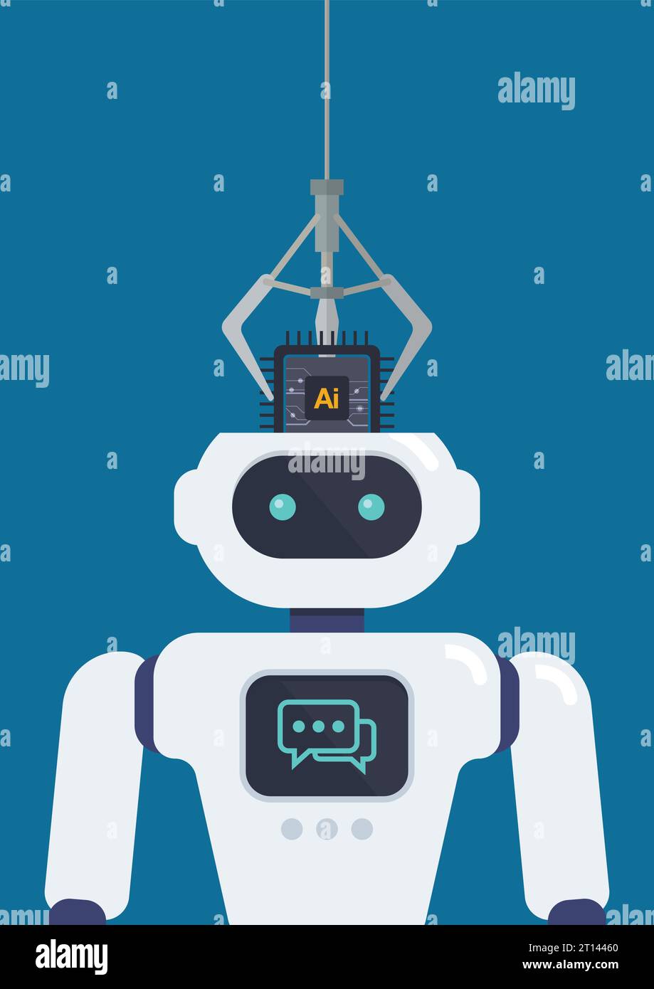 Robot arm put AI processing chip into android head. machine learning and cyber mind domination concept. vector illustration. Stock Vector