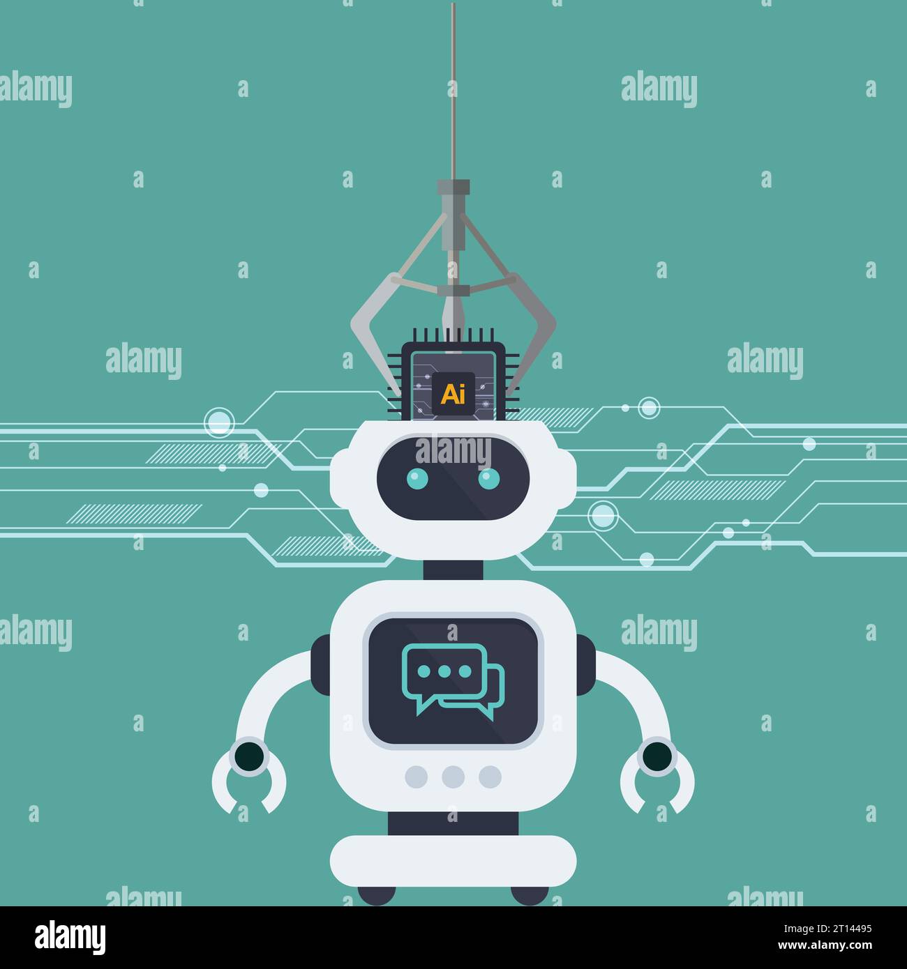 Robot arm put AI processing chip into robot head. machine learning and cyber mind domination concept. vector illustration. Stock Vector