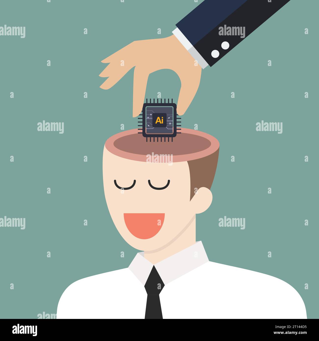 Someone hand put AI processing chip into human brain. machine learning and cyber mind domination concept. vector illustration. Stock Vector