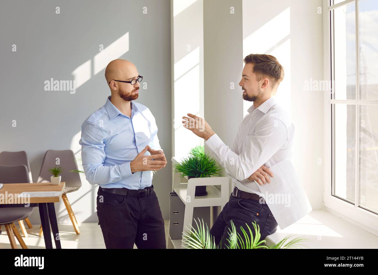 Two focused male colleagues talking while standing in modern office Stock Photo