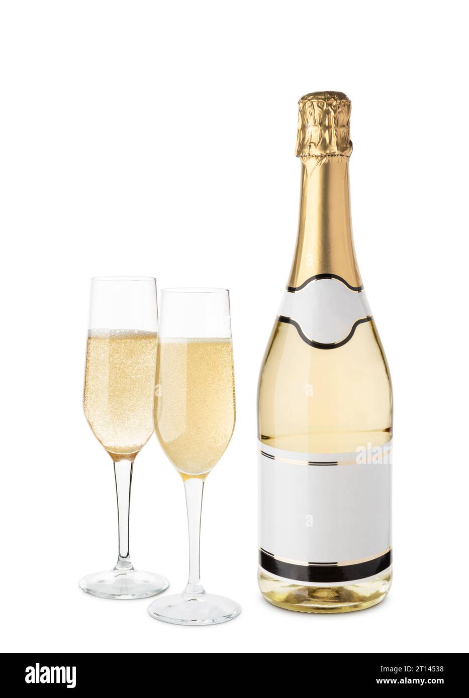 Champagne bottle with blank label and glasses, isolated on white background. Stock Photo