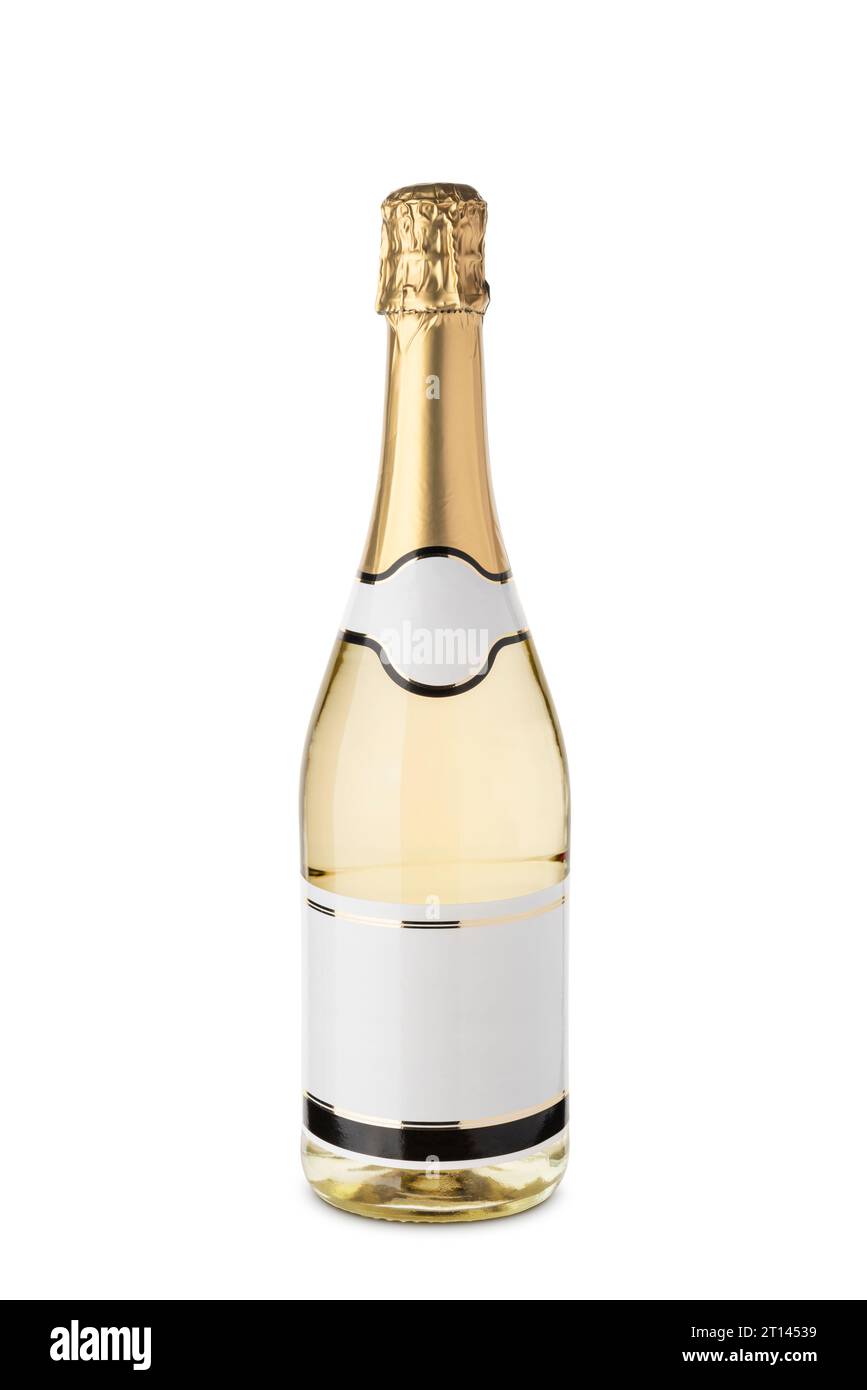 Champagne bottle with blank label isolated on white background. Stock Photo