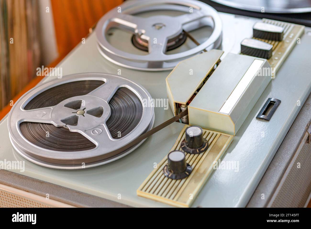 Bobbin tape recorder. Reel Bobbin. stock, strip. Old Film reel, bobbin, spool against a dark