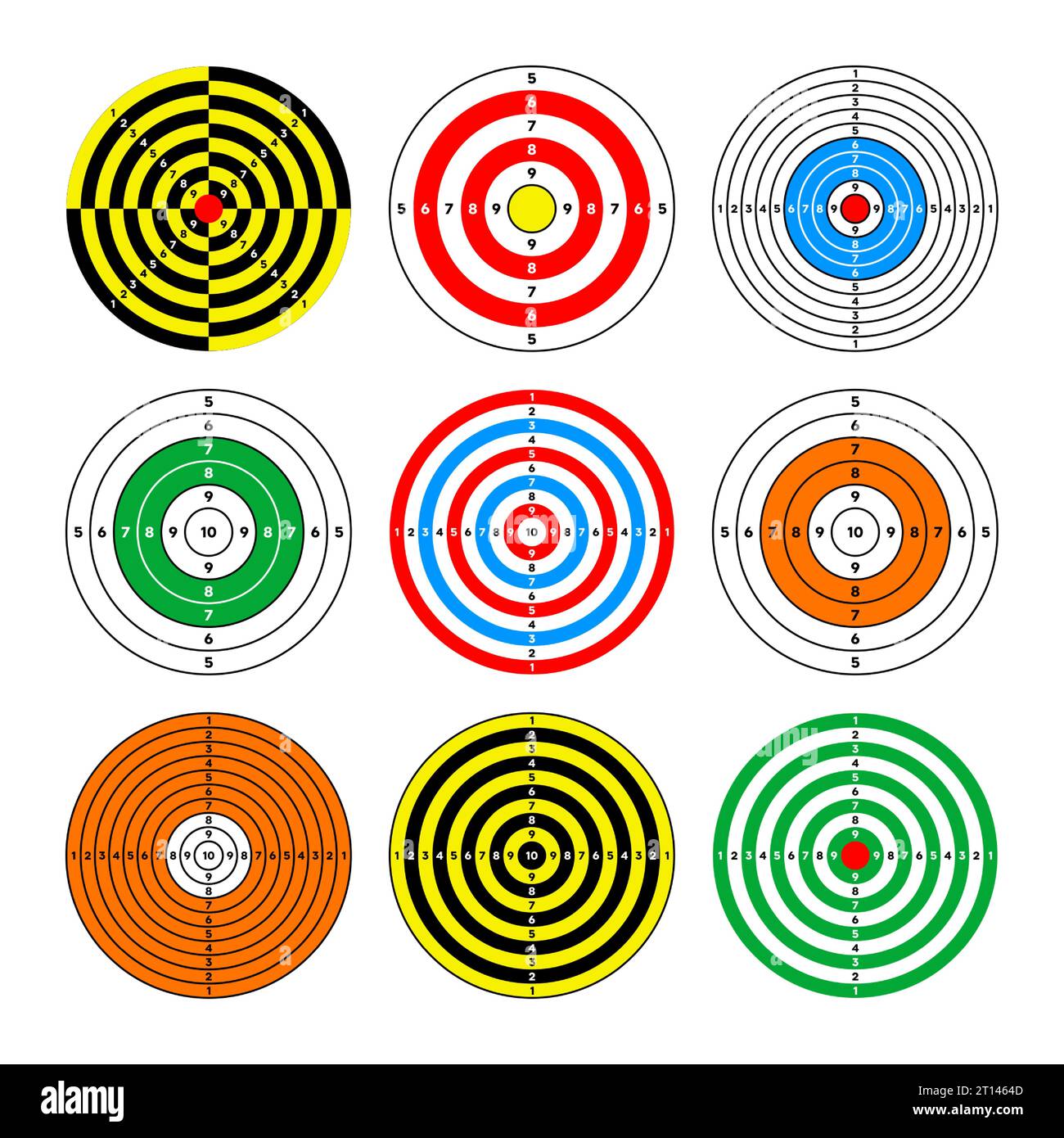 Shooting range paper targets. Round target with divisions, marks and numbers. Archery, gun shooting practise and training, sport competition and Stock Vector