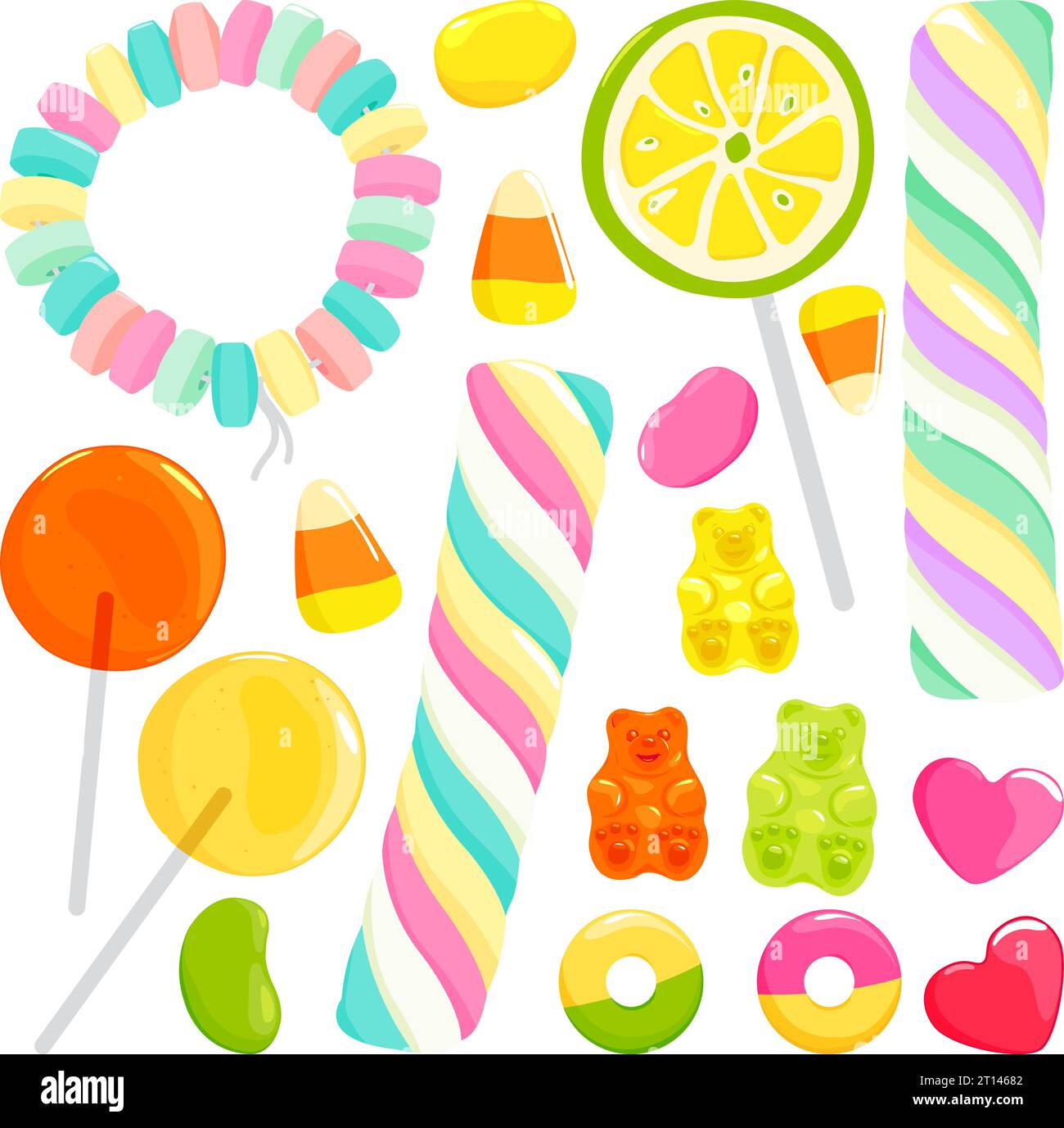 Collection of colorful lollipops, gummy and jelly candy bears. Vector